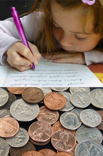 Girl Writing and Coins